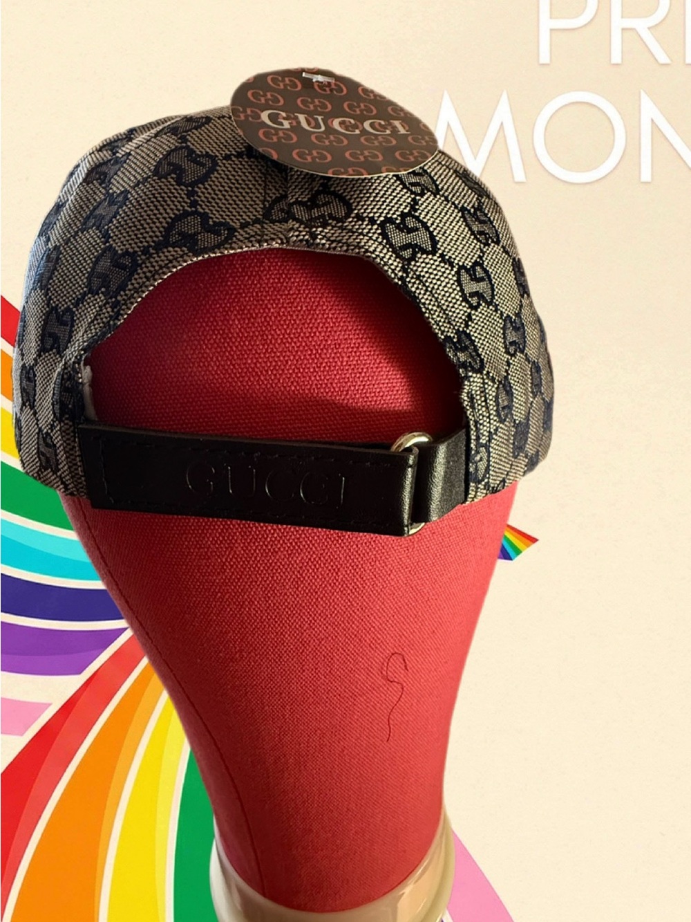 New Gucci Brown GG Monogram Cap with Black Leather trim and Strap with tag. - Picture 2 of 6